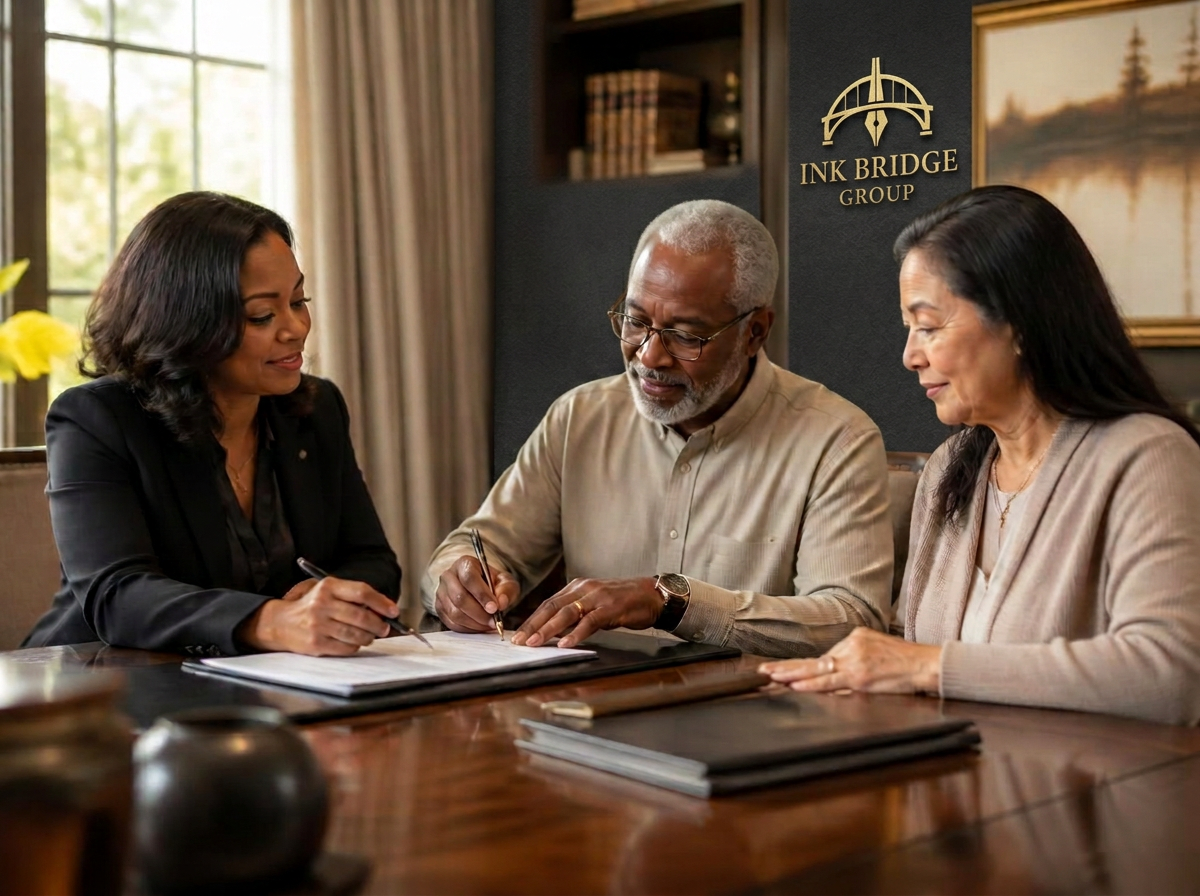A notary guiding a couple through an estate planning signing at the Ink Bridge Group office, with the gold Ink Bridge Group signage on the wall behind them